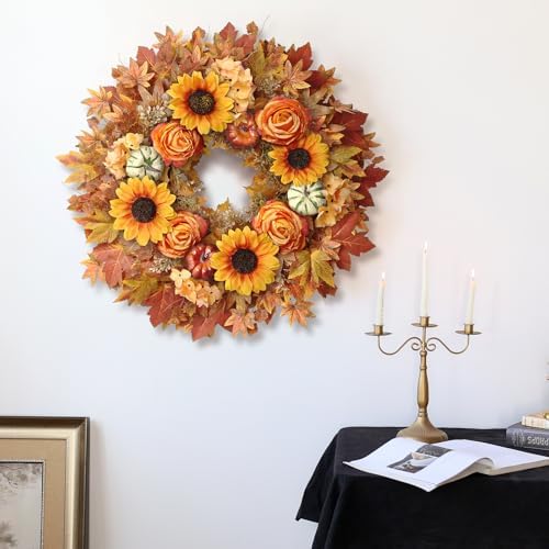 28" Large Artificial Maple Leaves Fall Wreath for Front Door(Orange-Yellow) - Image 5