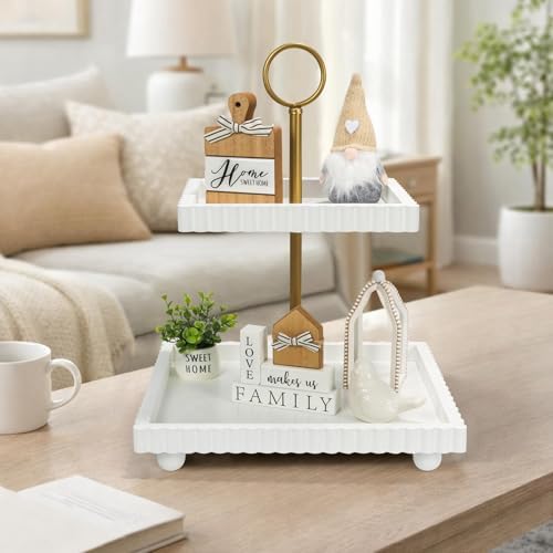Modern 2 Tier White Rectangular Decorative Tray with Gold Handle - Image 4