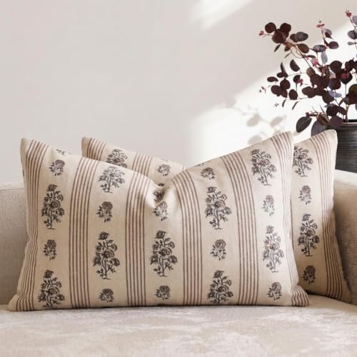 Amor Virisso Floral Throw Pillow Covers 12 x 20 Set of 2 Block Print Pillow Covers Neutral Floral Striped Farmhouse Decorative Pillow Covers for Sofa Couch Bed, Brown by AffordableFloralPrintMaker
