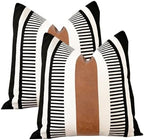 24x24 Boho Striped Pillow Cover with Faux Leather Accent, Black, 2 PC by Vfuty