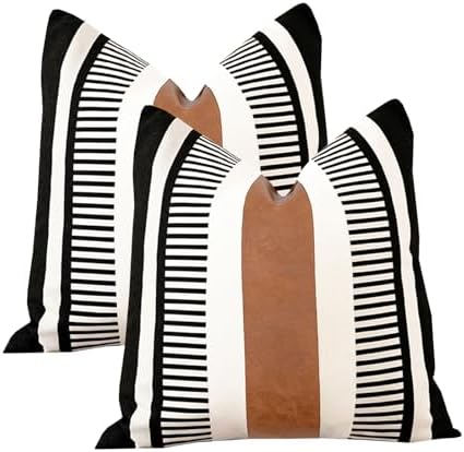 24x24 Boho Striped Pillow Cover with Faux Leather Accent, Black, 2 PC by Vfuty