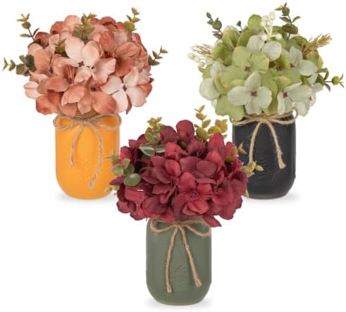 DILATATA Mason Jar Centerpiece Rustic Floral Centerpiece for Table Farmhouse Decor Fall Artificial Hydrangea Flowers Thanksgiving Tiered Tray Decoration for Kitchen, Dining Room, Home Decor-Set of 3 by DILATATA