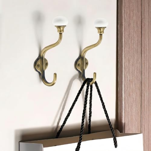 CHIVS Coat Hooks- 5 Pack Matte Brass Brushed Wall Hooks, Ceramic Coat Hooks, Decorative Wall Mounted Towel Hanger, zinc Double Prong Hook for Hanging Clothes, Keys, Hats, Backpacks - Image 4