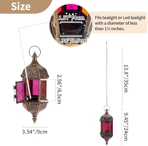 6 Pcs Hanging Hexagon Decorative Moroccan Candle Lantern Holders, Handmade Hanging Tea Light Holder in Bronze Metal & Red & Purple Glass Gift & Decor Items - Image 5
