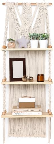 Macrame Wall Hanging Shelf 3 Tier - Boho Bedroom Decor | Macrame Wall Decor | Boho Shelf Decor, Hanging Shelves for Wall, Woven Rope Floating Wood Shelves & Storage for Small Plants by InovaTymes