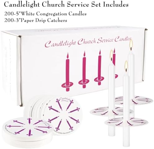 200 White Church Candles with Drip Protectors for Devotional Candlelight Vigil Service, Box of 200 Candles, Unscented White 5" H X 1/2" D, No Smoke - Image 2
