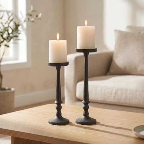 BANOMII Vintage Iron Pillar Candle Holders Set of 2, Rustic Black - Image 5