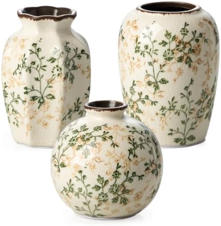 Ceramic Flower Small Vase for Home Decor, Vintage Green Vase Set of 3 - Image 7