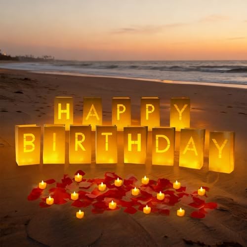 Happy Birthday Decoration for Men Women, Valentine’s Day Light Up Letters Luminary Bags with 30 Bright LED Candles, 2000 Rose Petals, 10 Balloons, Surprise Birthday Party Banner Signs - Image 4