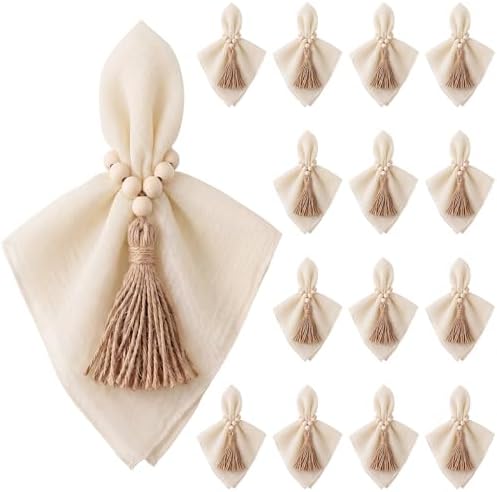 Cheesecloth Napkins with Wooden Bead Napkin Rings Set, 12 Gauze Cloth 20x20 Inch Dinner Napkins and 12 Boho Wood Bead Napkin Ring Holders for Wedding, Baby Shower, Bridal Shower(Beige) by Ferrochef