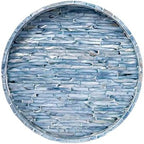 PEMAR 12.6” Mother of Pearls Lacquer Inlaid Round Serving Tray with Handles, Round Decorative Nacred Wooden Ottoman Coffee Table Tray (Blue Tiles) by PEMAR