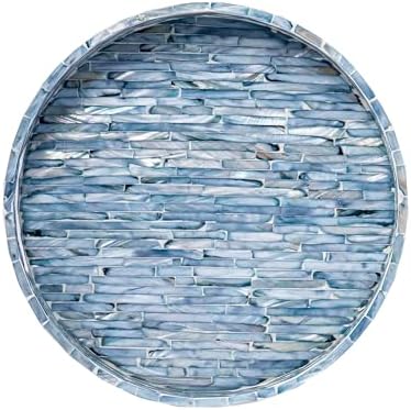 PEMAR 12.6” Mother of Pearls Lacquer Inlaid Round Serving Tray with Handles, Round Decorative Nacred Wooden Ottoman Coffee Table Tray (Blue Tiles) by PEMAR