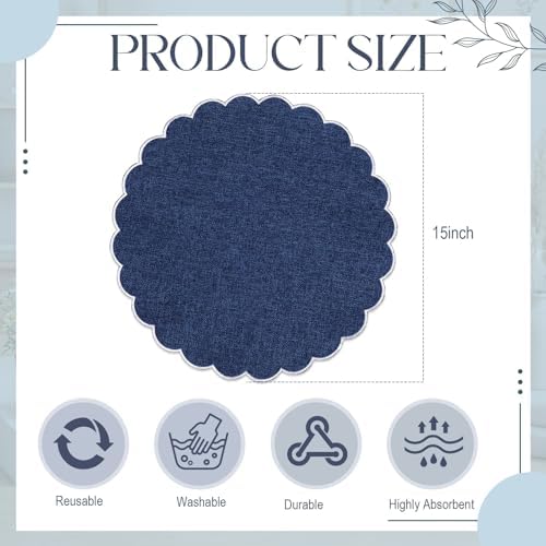 Set of 24 Navy Blue Cotton Placemats 15" Round Scalloped White - Image 2