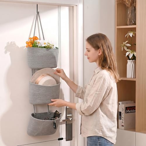 ICERZCZ Hanging Baskets for Organizing, Over the Door Decorative Storage Organizer, Nursery Decor Organization, 3-Tier Wall Basket for Entryway Playroom Bathroom Closet, Light Gray - Image 2