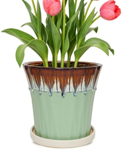8.3 Inch Ceramic Planters with Drainage Hole and Saucer,Indoor Outdoor Large Flower Pots, Garden Pot for Plant Lovers (Drip Green) by Unknown