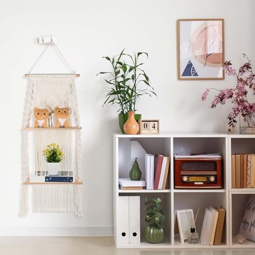 Barydat 2 Pack Macrame Wall Hanging Shelf 2 Tier Handmade Boho Hanging Wall Shelf Floating Woven Rope Decorative Storage Racks Holder Organizer for Home Bedroom Bathroom Plants, Beige (Elegant) - Image 2