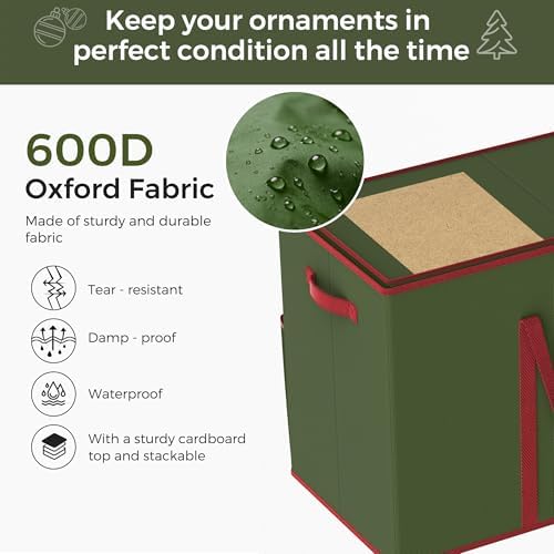 160-3” Large Christmas Ornament Storage Box, Dual Zippers, Stackable Christmas Storage Container with Lid, 6 Trays, 600D Oxford, Green - Image 4