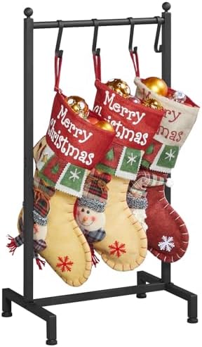 ELYKEN Christmas Stocking Holder Stand for Floor, Free Standing Stocking Rack with 4 Removable Hooks, Heavy Duty Metal Small Xmas Stocking Stand with Adjustable Feet, Black by ELYKEN