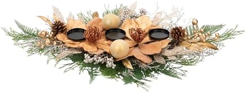 35" Champagne Christmas Centerpiece with Candle Holders, Magnolias Gold Christmas Balls Berries Leaves Branches Pine Cones Pine Needles for Xmas Table Decor, Holiday Candelabrum for Mantel Decorations - Image 7