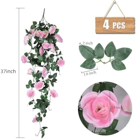 RECUTMS 4Pcs Artificial Pink Rose Hanging Plants Silk Ivy Garland Outdoors - Image 2