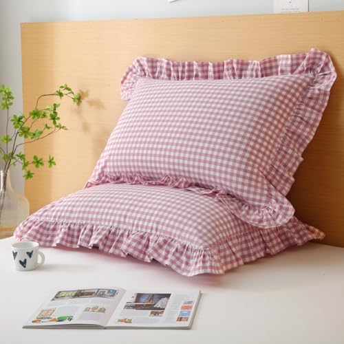 Silnuo Vintage Pink/White Gingham Ruffled Queen Size Pillow Shams Set of 2 - Image 3