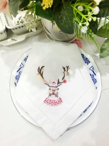 Embroidered Cloth Napkin Deer Christmas Cotton Napkins Set of 6, 20x20 Hemstitch Table Napkins Machine Washable, Daily & Christmas, Great Present Ideas - Image 6