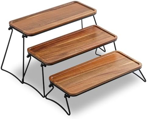 Acacia Wood & Metal 3-Tier Serving Stand, Large Rectangular Platter, 17 Inches, Decorative Tiered Tray for Entertaining, Party, Cupcake Serving, Gift - Image 5
