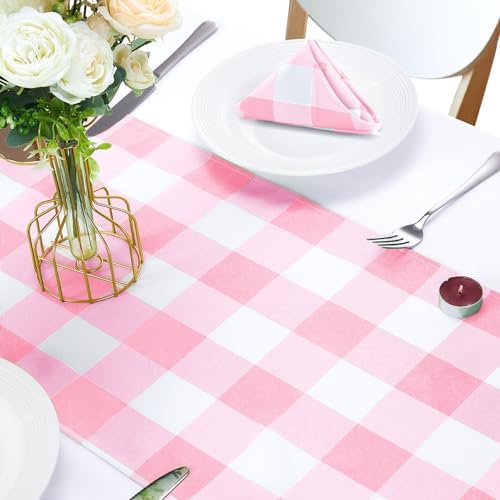 Cupuamon Fabric Checkered Table Runner 12 Pack Waterproof Gingham Table Runner 14W x 108L Buffalo Check Table Runners for Parties Kitchen Dining Wedding Banquet (Pink and White) - Image 5