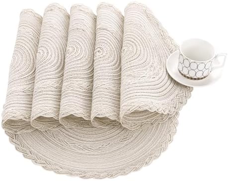 SHACOS 15 inch Round Braided Placemats Set of 12 for Dining Table Woven Boho Place Mats Kitchen Placemat Washable Table Mats, Ivory Bordered - Image 4