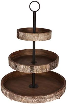 Kate and Laurel White Birch 3-Tiered Decorative Modern Farmhouse Wooden Tray with Black Metal Carrying Handle in Rustic Brown by KateandLaurel