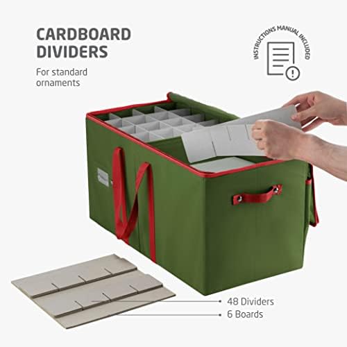 ZOBER Large Christmas Ornament Storage Box - Stores 128 3" Ornaments, With Dividers - Ornament Organizer Storage Box, Durable Christmas Containers Holder - Extra Pockets, Dual Zipper - Green - Image 3