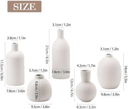 White Ceramic Flower Vase Set of 5, Modern Farmhouse Decorative Vases for Bookshelf, Dining Room Coffee Console Table Centerpieces - Image 3