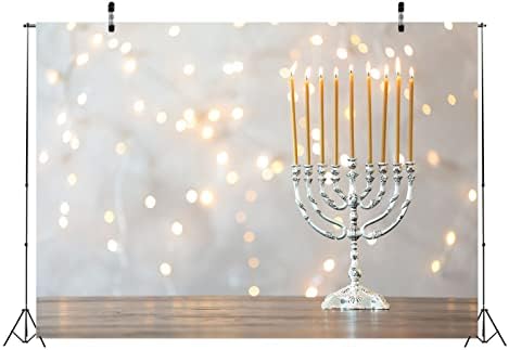 BELECO 20x10ft Fabric Happy Hanukkah Photography Backdrop Menorah Silver White Glitter Bokeh Lights Chanukah Holiday Decorations Banner Jewish Holy Festival Israel Party Supplies Studio Photo Props by BELECO