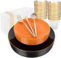 MirthMood 210PCS black and orange Plastic Plates,Black Disposable Plates by LUODA