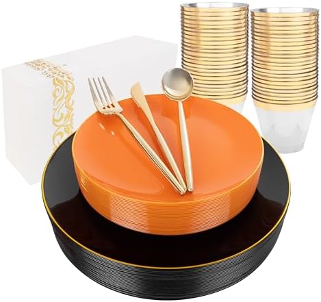 MirthMood 210PCS black and orange Plastic Plates,Black Disposable Plates by LUODA