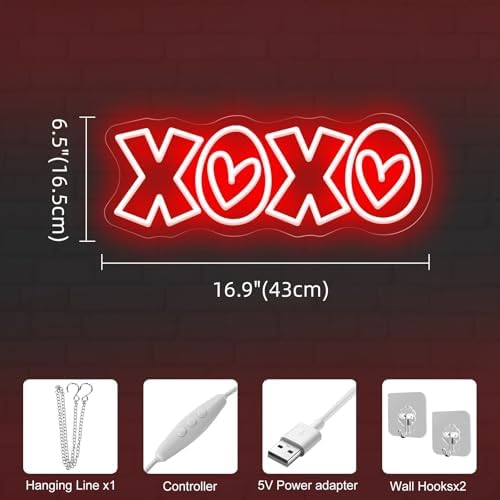 XOXO Neon Sign, Red 16.9"x 6.5" LED Light with Heart Accents Dimmable - Image 4
