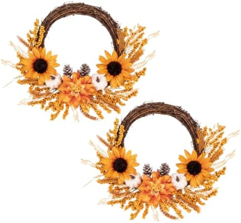 Fall Wreaths, 2 Pack, 20" Front Door Decor, Artificial Sunflower Pumpkin by Culudea