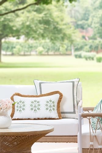 Hofdeco Premium Coastal Patio Indoor Outdoor Lumbar Pillow Cover Only, 12"x20" Water Repellent for Backyard, Couch, Green Embroidered Floral with Fringe - Image 2