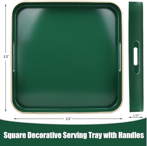 Green Square Decorative Tray with Handles, 13"*13" Versatile Serving Tray for Coffee Table, Ottoman, Ideal for Serving, Displaying, Organizing - Image 3