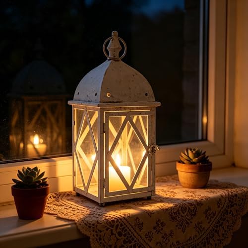Vintage White Metal Candle Lantern with Glass 17in Distressed Blue Rustic Large Farmhouse Hanging Candle Holder Lanterns for Indoor & Outdoor Front Porch Table Centerpiece Decor - Image 5