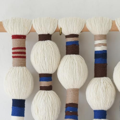Macrame Wall Hanging Blue Handmade Yarn with Ball Tassels 15.7" Wx 21.6" L - Image 7