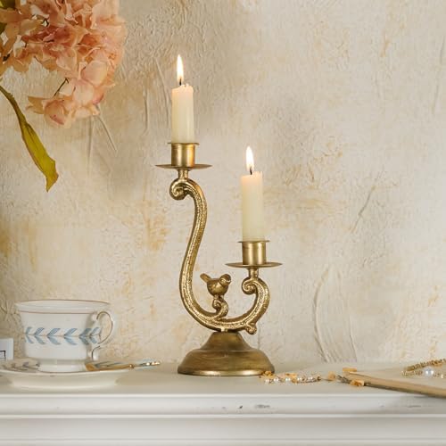 NIKKY HOME Vintage Gold Bird Candelabra, 2 Arm Metal Taper Candle Holder by NIKKYHOME