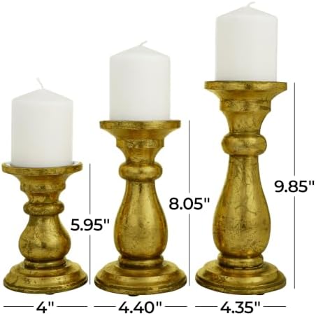 Deco 79 Mango Wood Decorative Candle Holder Turned Style Pillar Candle Stand, Set of 3 Candlestick Holder 10", 8", 6"H, Brass - Image 6