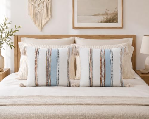 decorUhome Cream White and Light Blue Throw Pillow Covers 18x18 Set of 2 - Image 4