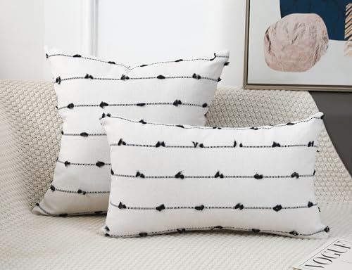 NUYECY Set of 2 Boho Throw Pillow Covers 28x28,Black Off White Neutral Couch Pillow Case with Tassel Fringe Decorative，Modern Accent Farmhouse Cushion Covers for Sofa Couch Bed Living Room - Image 2