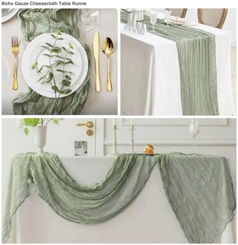 20 Pack Sage Green Cheesecloth Table Runner 17x108 Inch Boho Wrinkled Sheer Romantic Gauze Cheese Cloth Table Runner Bulk Decor for Wedding, Bridal Shower, Birthday Party - Image 4