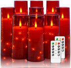 Nimiko Flickering Flameless LED Candles,Battery Operated Candles 9 Pcs with Embedded Star String,Acrylic LED Pillar Candles with Remote,Suitable for Home Decoration to Create an Atmosphere（Red） by Nimiko