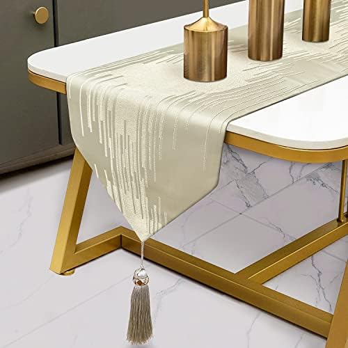 Luxury Beige Table Runner 72 Inches Long, Modern Geometric, Elegant Tassels by Fullony