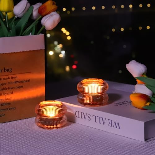 Woho 12pcs Amber Votive Candle Holder, Ribbed Tealight Candle Holder Glass - Image 4