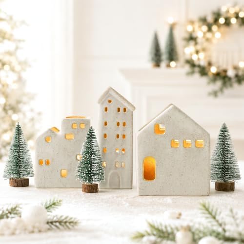 Sunlit Ceramic Christmas Village Sets of 3 Houses with 3 Tea Lights & 3 Frosted Trees, Christmas Decorations Indoor, Xmas Holiday Farmhouse Vintage Rustic Decor for Tabletop Mantle, Beige by Sunlit